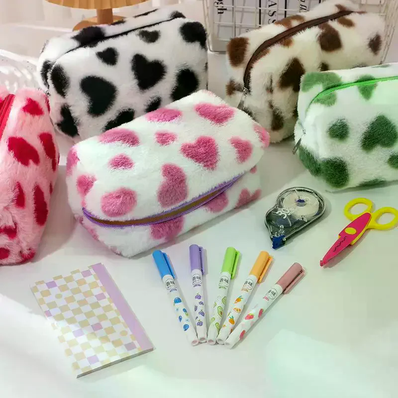 Cute Sweet Heart Pattern Plush Pencil Case Girly Women Large Capacity Cosmetic Bag Travel Portable Storage Bags Organizer Gifts