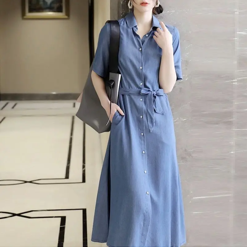 Mulheres denim camisas vestido 2024 primavera verão elegante manga curta jean vestidos casuais com cinto robes vestidos largos