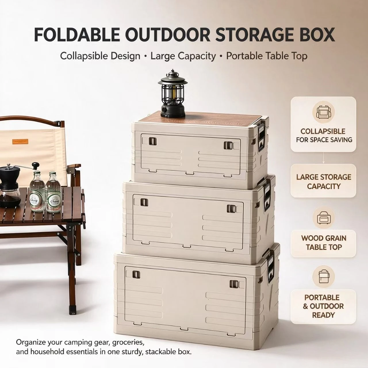 Outdoor Camping Box Turnover Handling Box Folding Storage Box Flip Storage Box Wooden Cover Car Trunk Storage Box