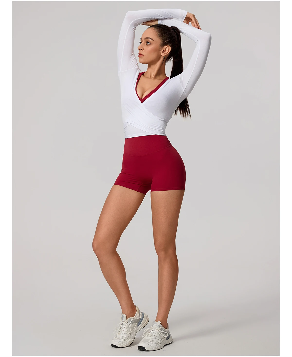 Neues Sommer-Damen-Yoga-Langarm-Einteiler-Oberteil mit Trägern – Premium-Ballett-Wrap-Top für Damen – Sport-Top für das Training – Detail 17