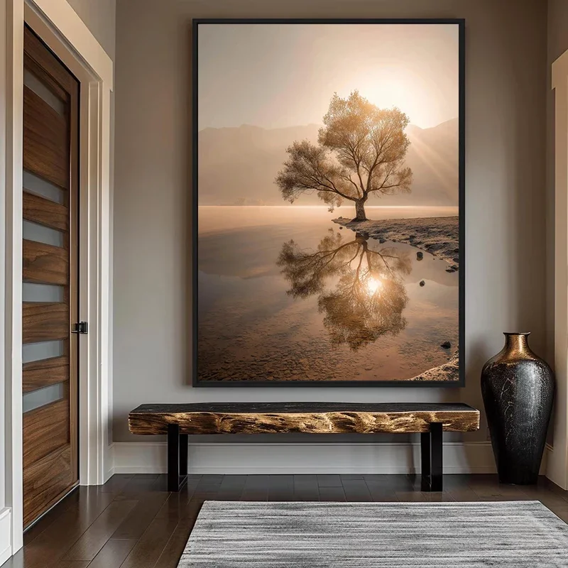 Lone Tree and Its Reflection At Sunset Landscape Poster and Prints Canvas Painting Wall Art Pictures Home Decor Cuadros