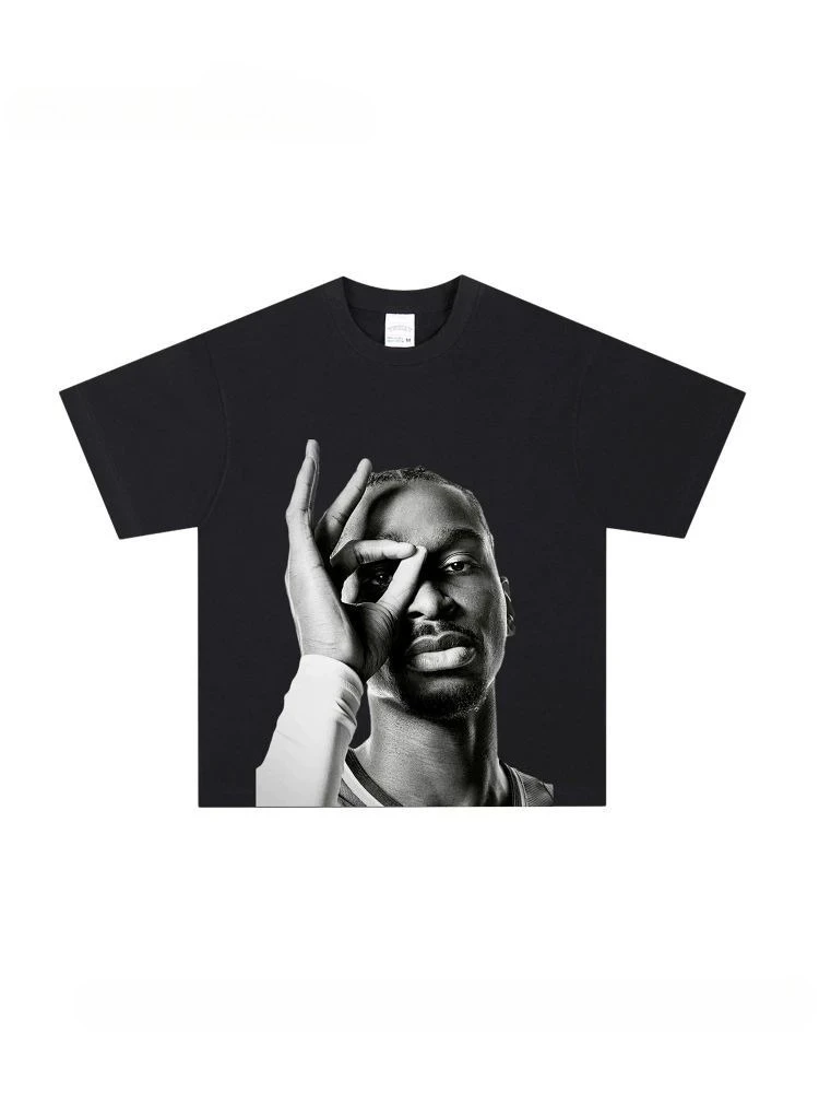 Large-head Printed Short-sleeved Cotton T-shirt, Heavy-duty Pure Cotton, Small Neckline, Basketball-style Top for Men