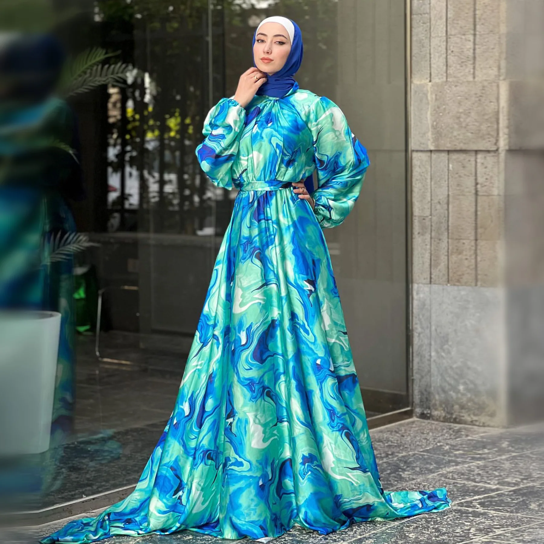 

Eid Printed Abaya Satin Muslim Long Dress Dubai Modest Islamic Clothing Party Turkish Dresses Abayas for Women Kaftan Hijab Robe