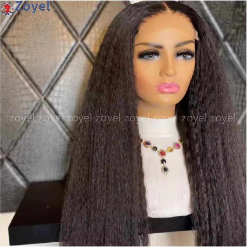 180 densidade 26 Polegada longo sem cola preto yaki kinky reta profunda peruca dianteira do laço para mulheres com babyhair pré-arrancado diariamente