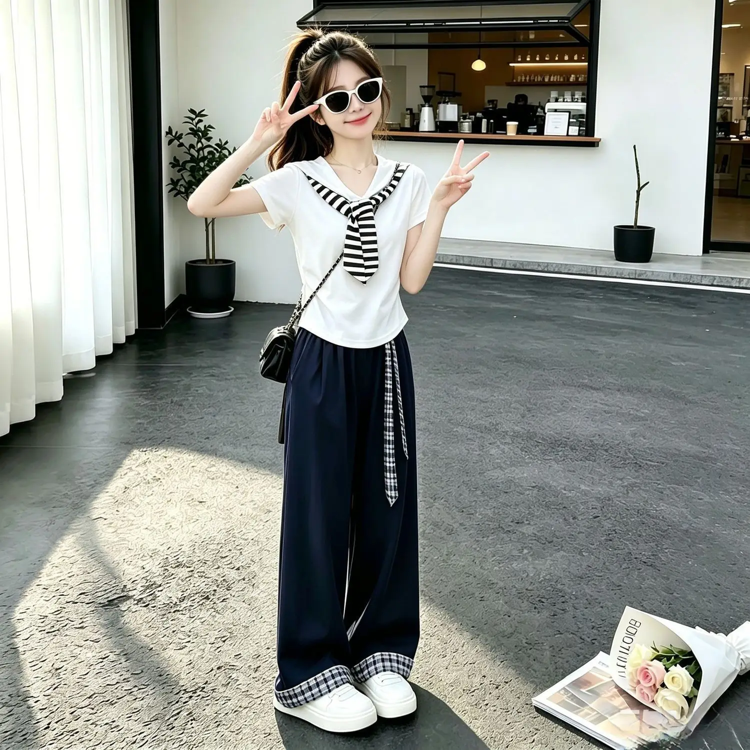 Girls Preppy Style 2-Piece Set Summer 2026 New Sailor Collar Short Sleeve Top + Wide-leg Pants Fashion Kids Clothing Suit  -123