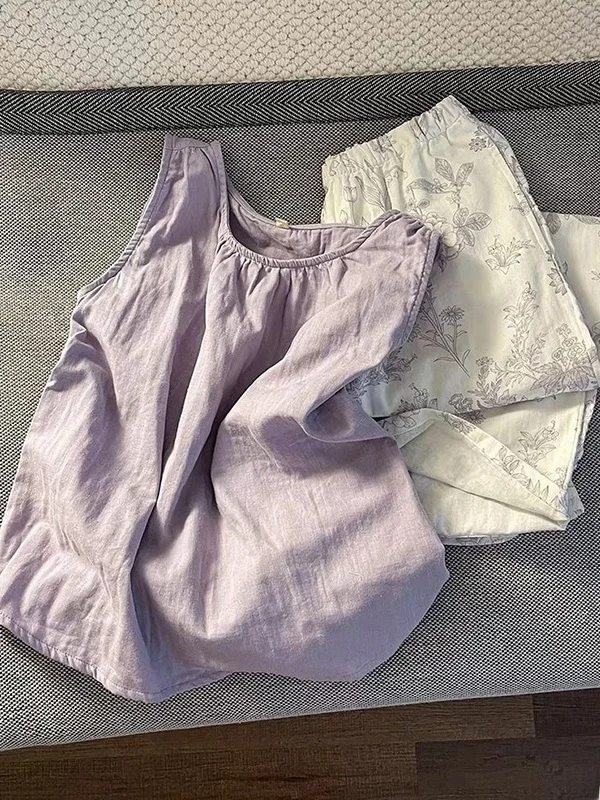 

Women's Summer Casual Loose Fit Sleepwear Set with Chest Pad Vest Pants Home Clothes Soft Plant Floral Print round Neck
