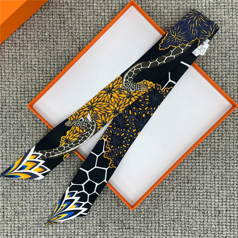 Pobing Animals Print 18 mt/mt Twill Seiden schals Frauen Luxusmarke Schal Tasche Bänder binden Kopftuch kleinen langen dünnen Schal 86*5cm – Detail 8