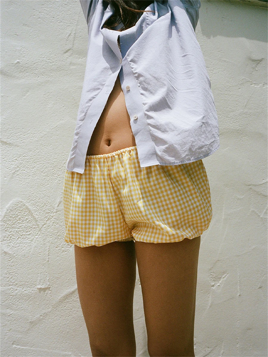 Womens Bubble Bud Bloomer 반바지 Y2k 여름 잠옷 Bottom Preppy Homewear Coquette 섹시한 깅엄 격자 무늬 Loungewear