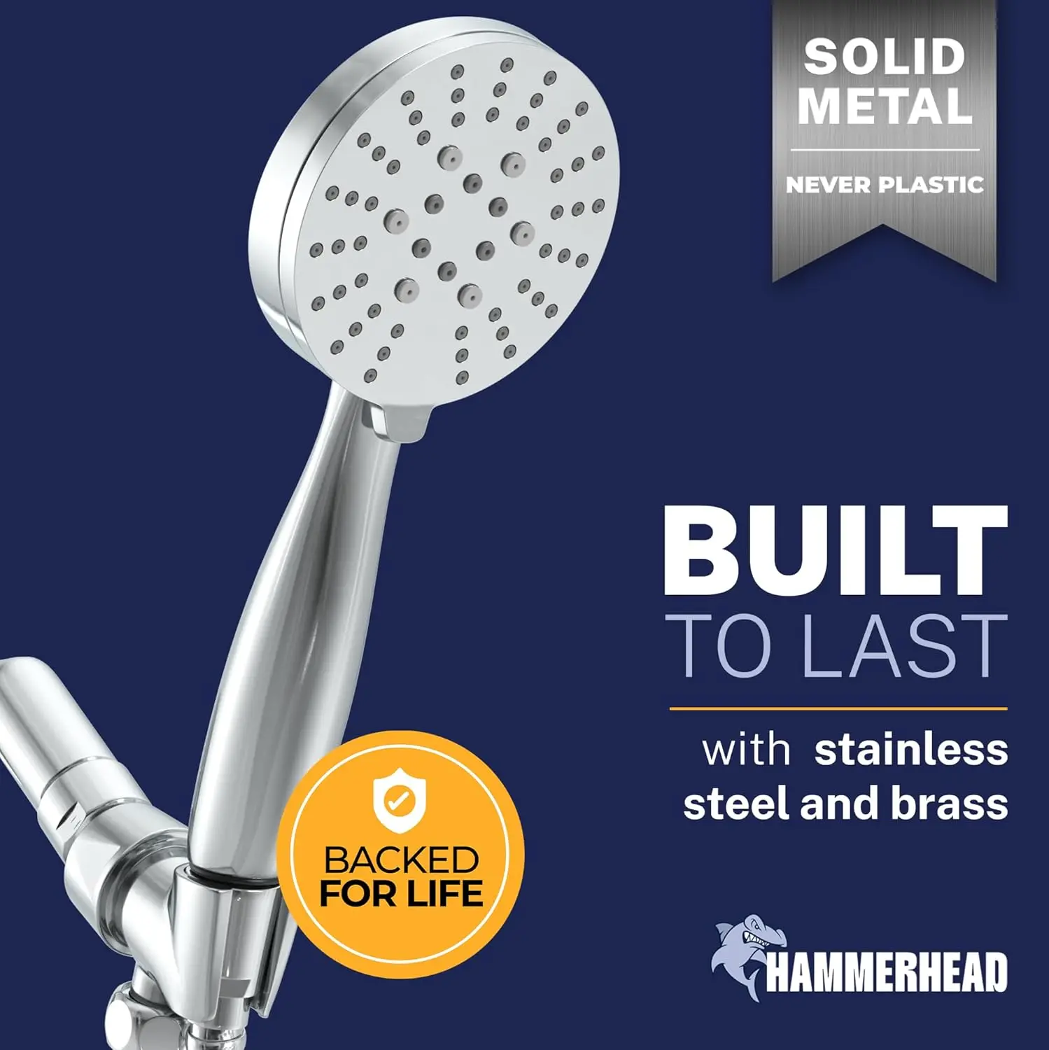 Solid Metal 3-Spray Handheld Shower Head with Long Hose and Holder - High Pressure, Wide, Massage, Mist Sprays