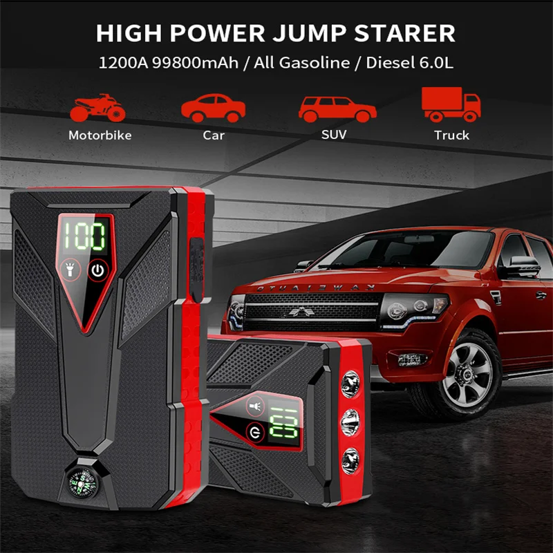 99800mAh Car Jump Starter Power Bank 12V Auto Starting Device 1200A Car Booster Battery Emergency Starter Battery for Car