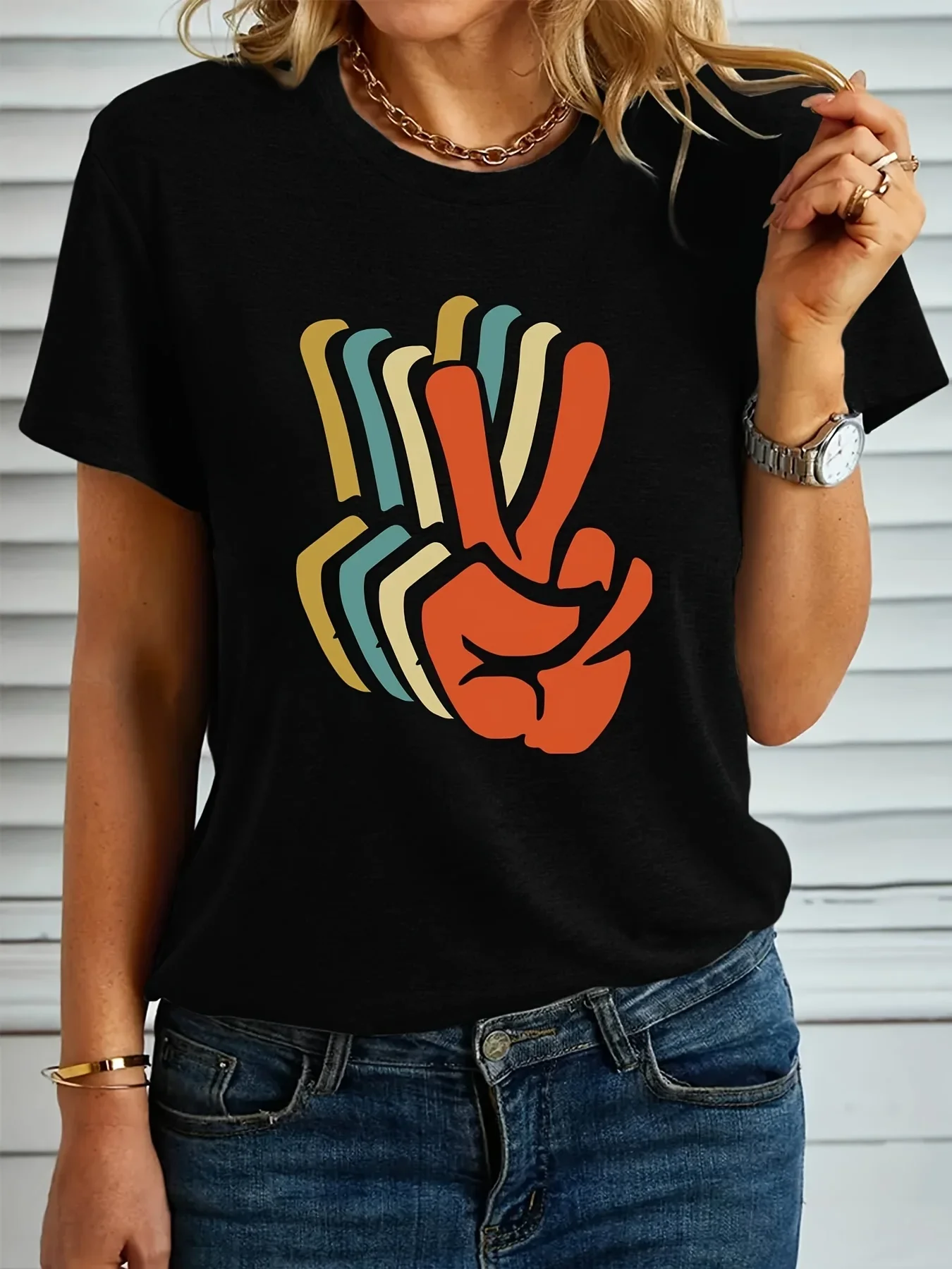 

Women's Breathable Sport Peace Sign Graphic Print T-Shirt Leisure Fashion Short Sleeve Cotton T-shirt Summer Brand Streetwear