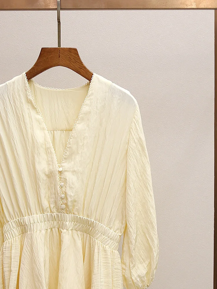 

Spring/Summer Women V-Neck Lace Trim Tiered Three-quarters Sleeve Solid Mini Dress Elastic High Waist A-line Slim Elegant Dress