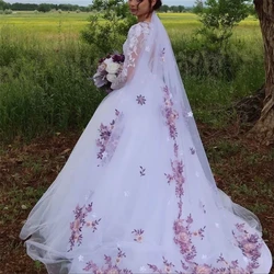 Pink Purple Flowers Floral Bridal Veils With Comb Cathedral Long Wedding Accessories For Brides Pearls Beaded Sparkly 3m Luxury