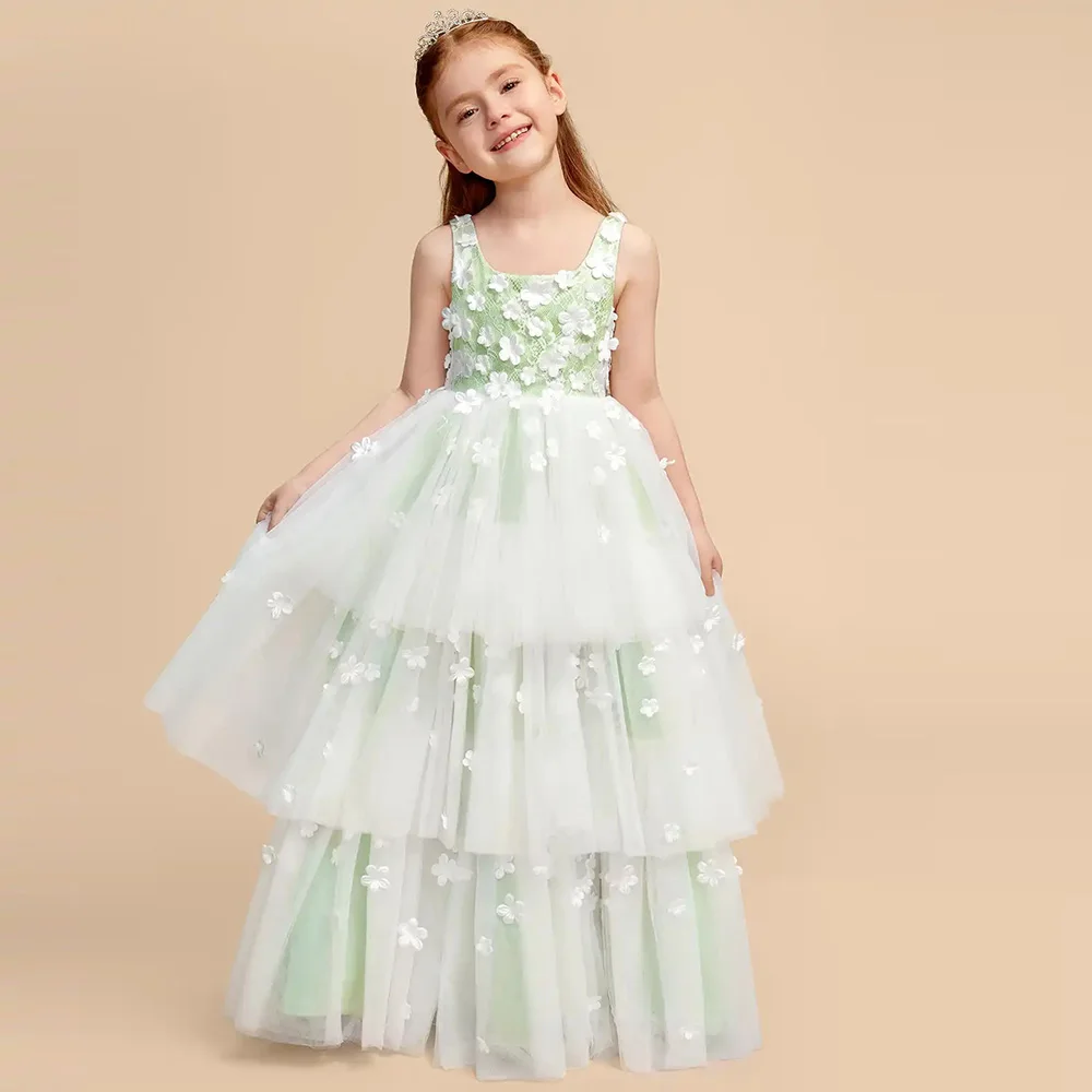 Vestidos de niña para ceremonias con volantes en capas de color verde lima, confeccionados a medida, con tul y flores en 3D, corte en línea A, ideales para la primera comunión y como vestido de fiesta de cumpleaños.