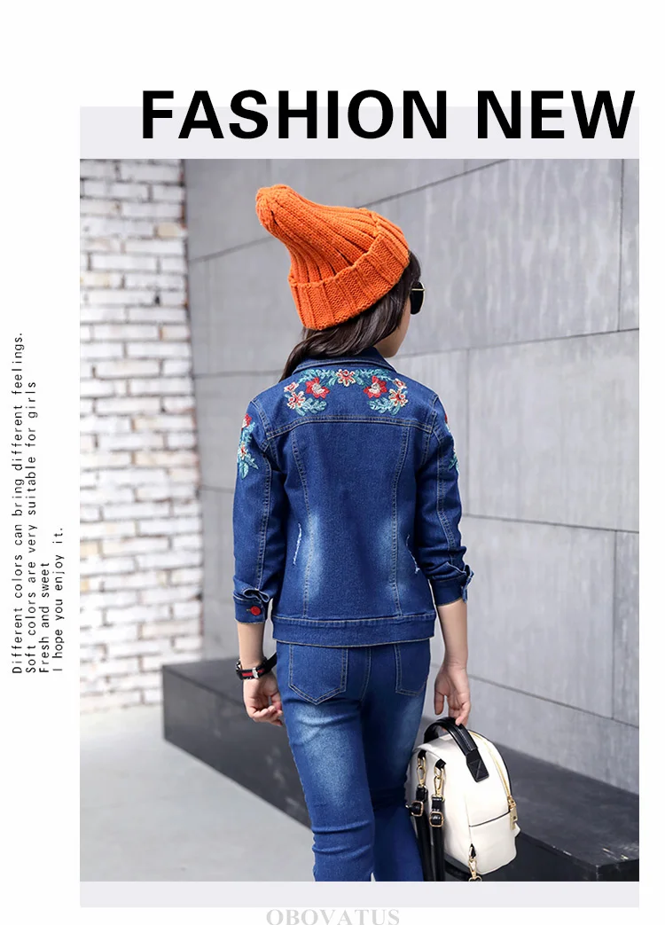 Modisches Kinder-Mädchen-Denim-2-Teiler-Set: Jacke und Jeans mit Blumenstickerei, Vintage-Frühlingskleidung für Kinder – Detail 5