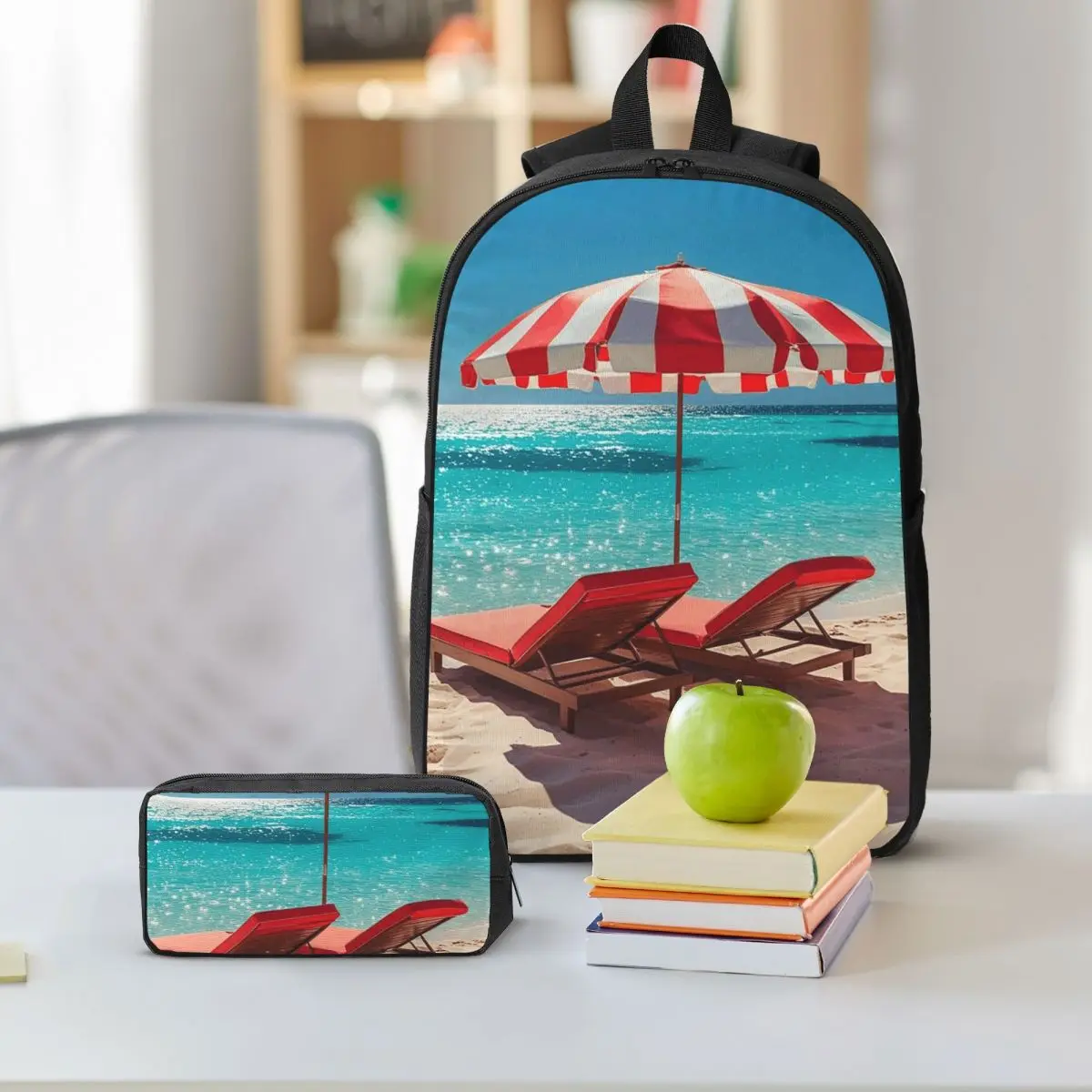 Beach Chair And Parasol Vacation Theme Backpack Student BookBag School Bag Shoulder Bags 3ps Insulated Lunch Bag Pencil Case