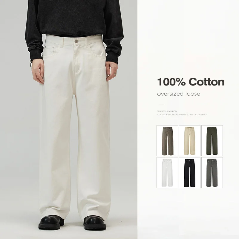 

Men Baggy Wide Leg Jeans 100%Cotton Spring Casual Denim Pants Loose Straight Comfort Breathable Fashion Streetwear Male Trousers