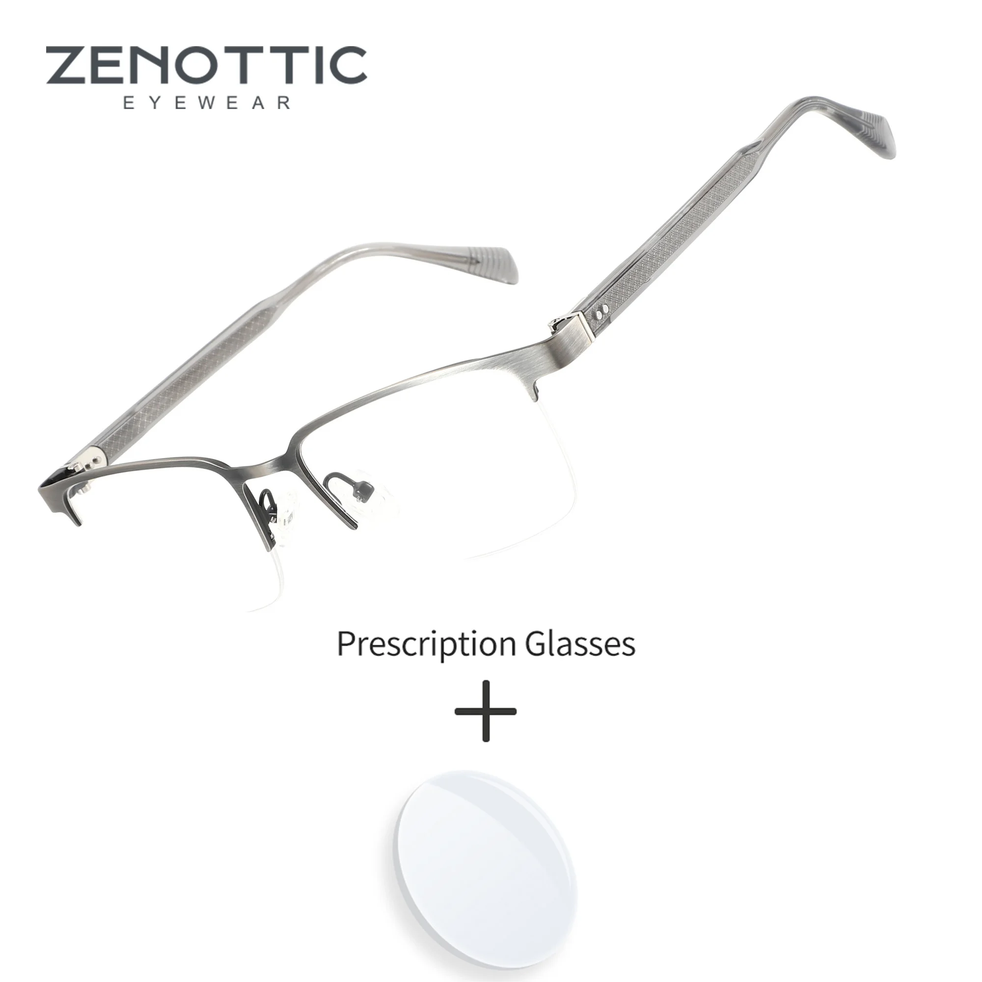 zenottic-mサイズ、半縁のスクエア型、金属フレーム、男性用、度付きメガネ、累進レンズ、ブルーライトカット、ビジネス・オフィス用。