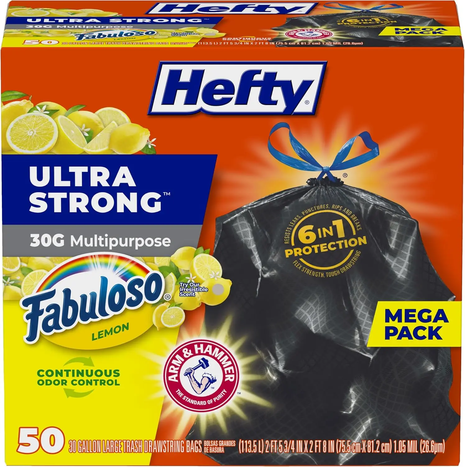 

30 Gallon Ultra Strong Trash Bags with Drawstring, Leak Resistant, Lemon Scented, 50 Count for Heavy Duty Use