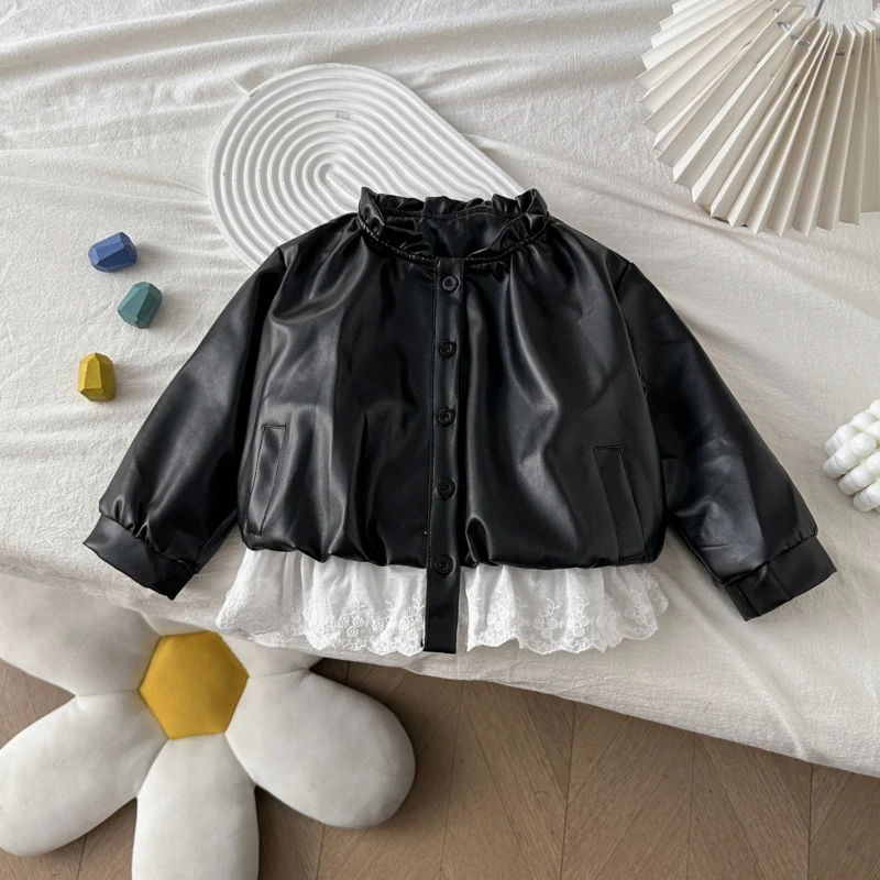 Spring New Collection, Girls' Forest Style Lace and Lace Patchwork Leather Jacket Girls' Leather Jacket
