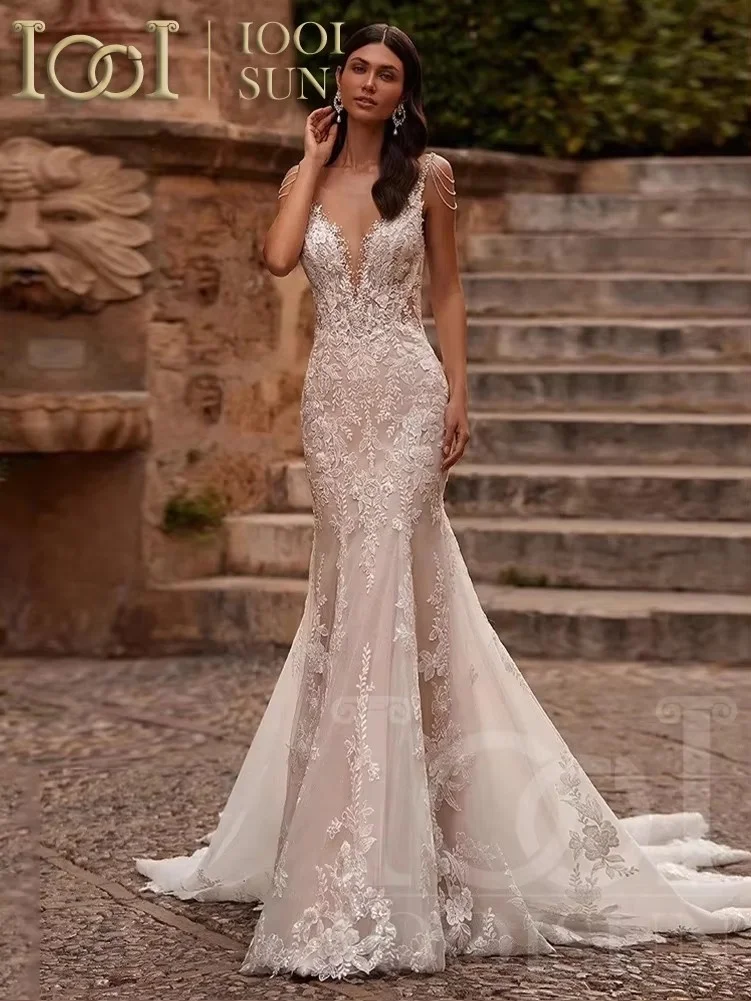 Iooisun personalizado luuvury renda com decote em v vestido de casamento cintas de espaguete apliques praia vestidos de noiva vestido de festa novia