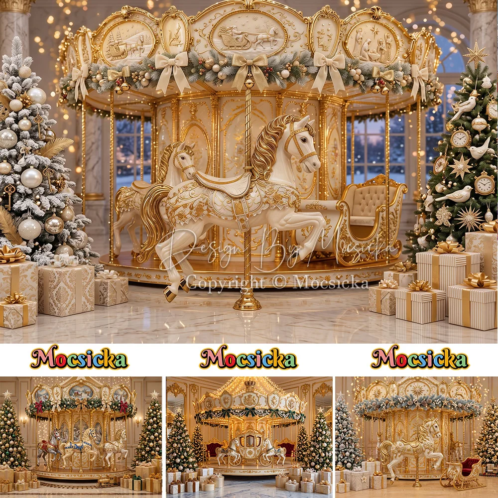 Mocsicka Golden Carousel Christmas Backdrop Photography Elegant Pine Tree Present Room Background Kid Holiday Family Xmas Photo