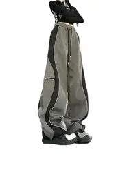 Y2K Line Design Pant Women Drawstring Pockets Wide Leg Chic Punk Pants Baggy Striped Sports Sweatpants Parachute Jogger Trousers