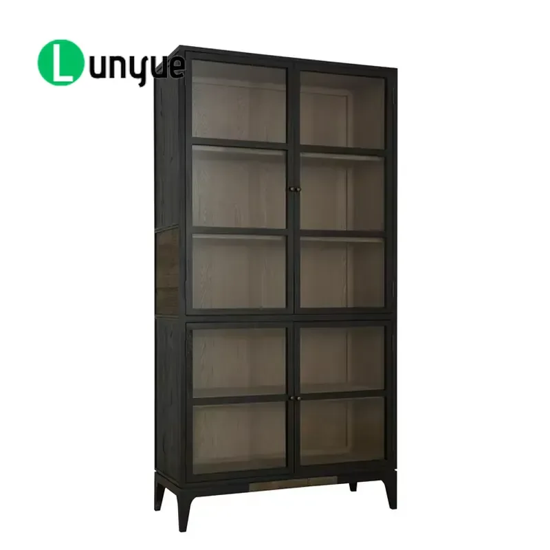 American Style Oak Bookshelf with Black Glass Door Antique Recycled Wood Display Cabinet for Living Room Storage Furniture