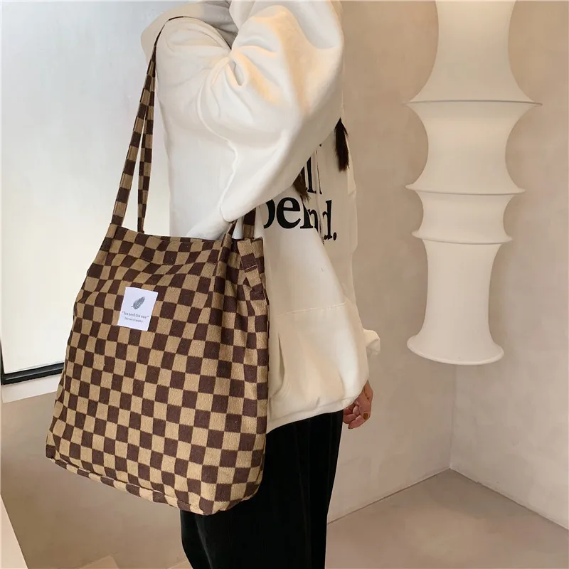 Retro Corduroy Checkerboard Single Shoulder Tote Bag for Female Students Canvas Bag for Class, Minimalist Tote Bag