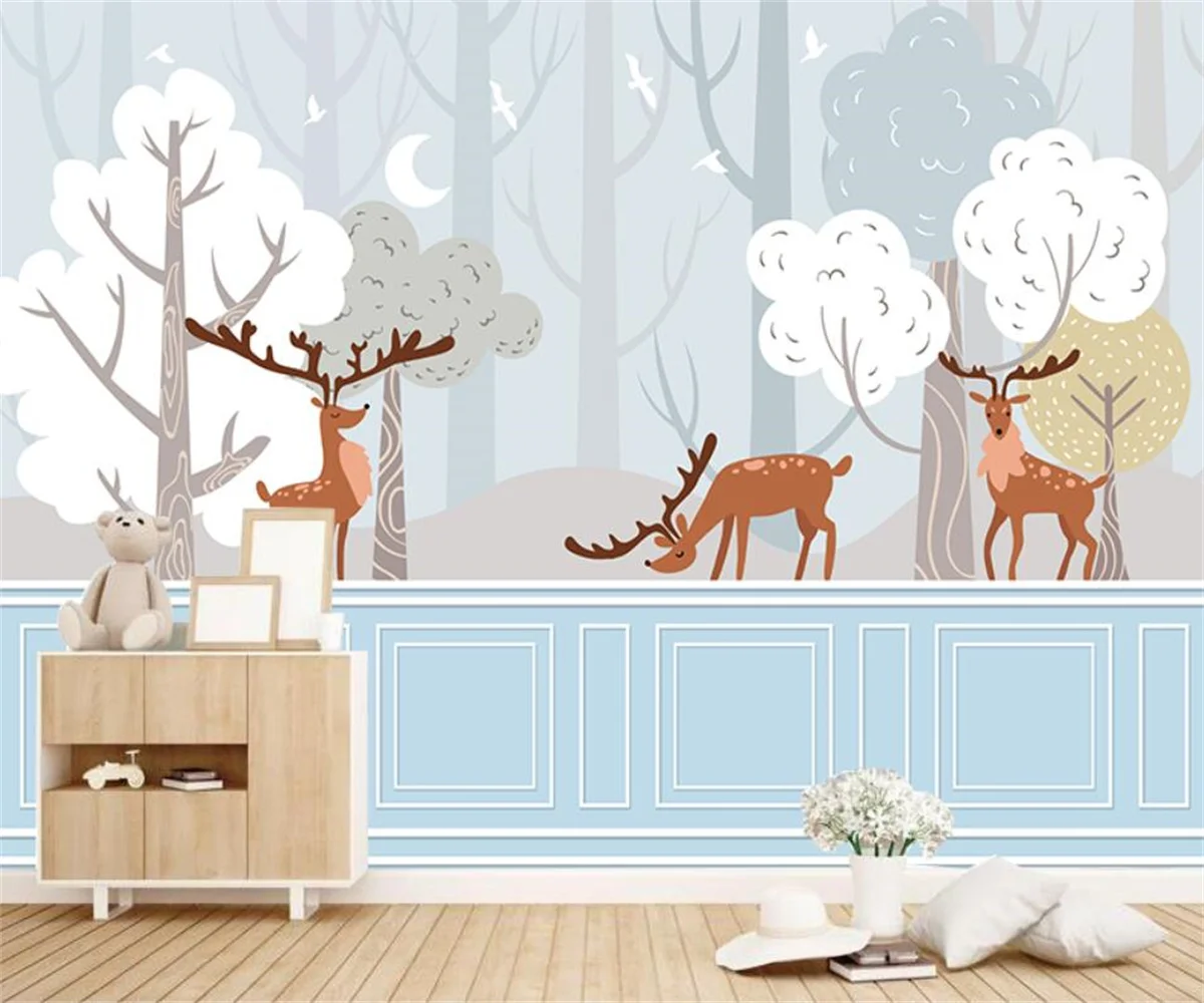 

Customized mural Nordic hand drawn cartoon forest birds and deer children's room background wall decoration wallpaper