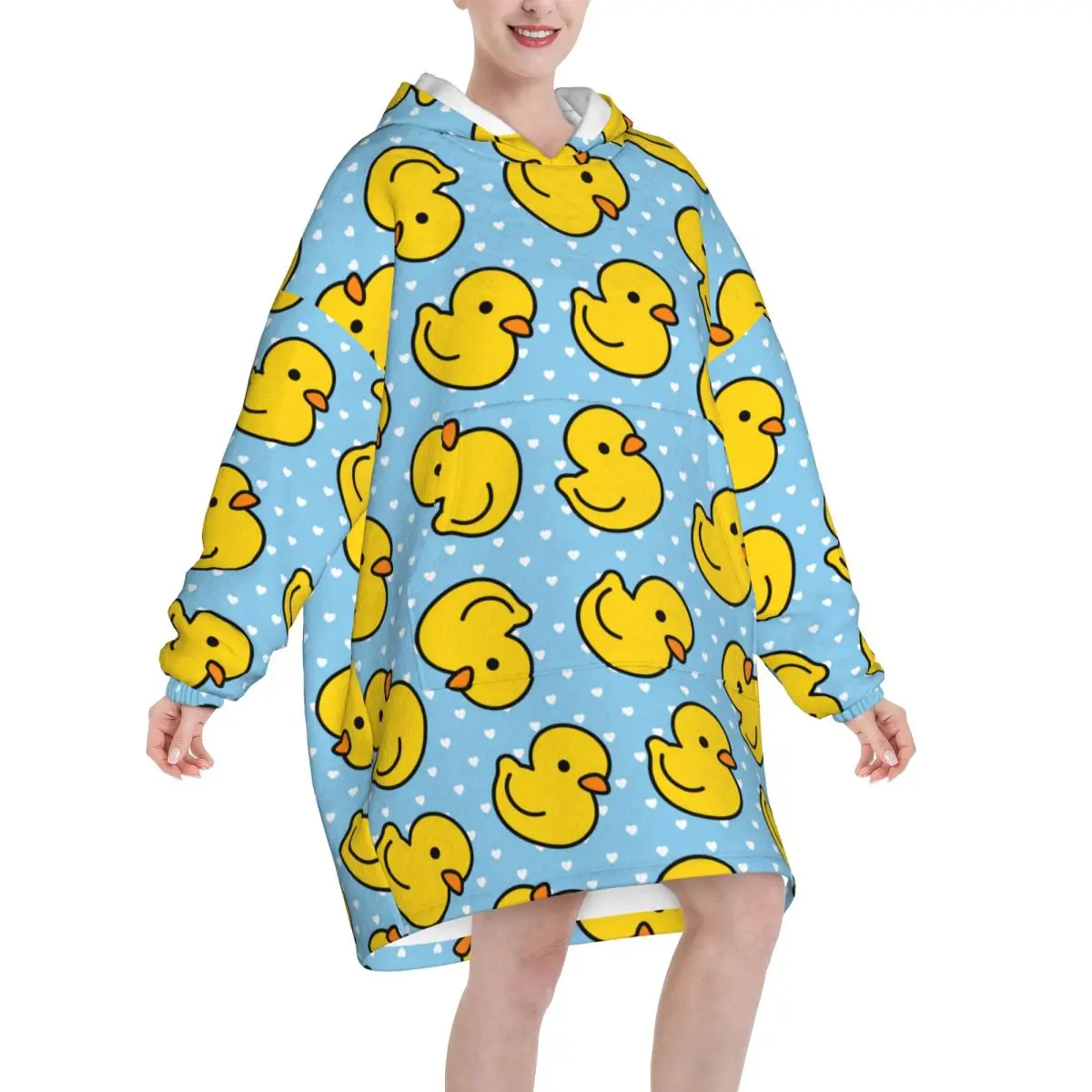 Cartoon Cute Duck Oversized Blanket Hoodie Women Men Wearable Fleece Pullover Soft Warm Cozy