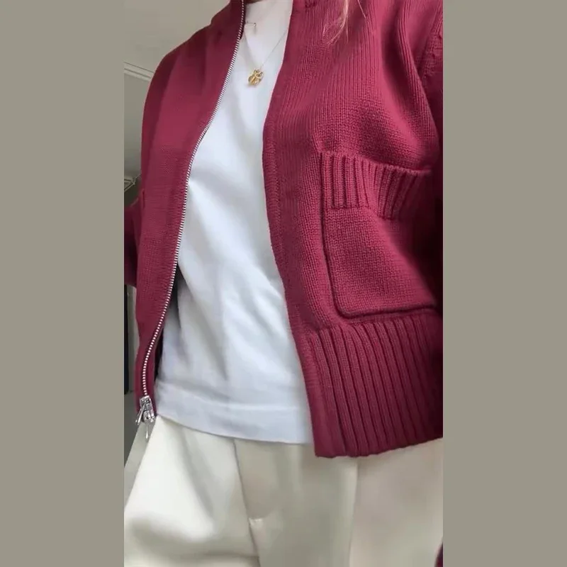 Damenmäntel mit Stehkragen, Doppelreißverschluss, kurzer Strickcardigan, Herbst, Damen, lange Ärmel, Taschen, einfarbig, schlanke Strickwaren, neue Oberteile – Detail 16