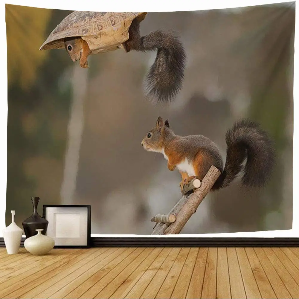 

Cute Woodland Squirrel Stand On Tree Tapestry Nature Wild Animal Tapestry Wall Hanging Art for Bedroom Living Room Dorm Decor