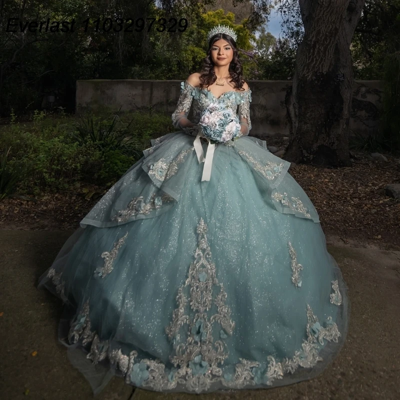 EVLAST индивидуальное мятное платье Quinceanera, бальное платье с 3D цветочной аппликацией, многоуровневый корсет из бисера, Sweet 16, Vestidos De 15 Años TQD875