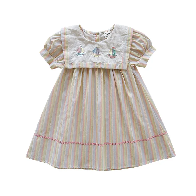 2025Summer Children's Clothing Colorful Sailboat Embroidery Girls Dress Navy Style Striped Short Sleeve Baby Dress