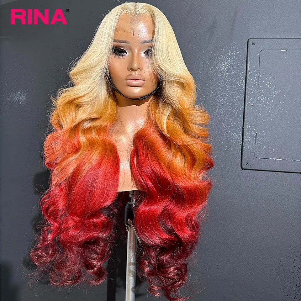 Omber Orange Red 13x6 13x4 Lace Front Human Hair Wigs Brazilian 613 Honey Blonde Body Lace Frontal Wigs Pre Plucked Hair 180%