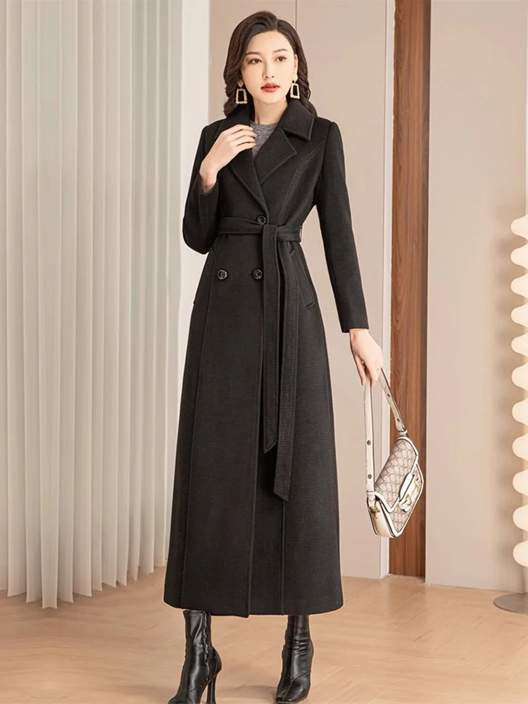 جديد نساء معطف من مزيج الصوف خريف موضة ياقة بدلة خصر نحيف مع حزام صدر مزدوج معطف صوفي أنيق بساطة معطف