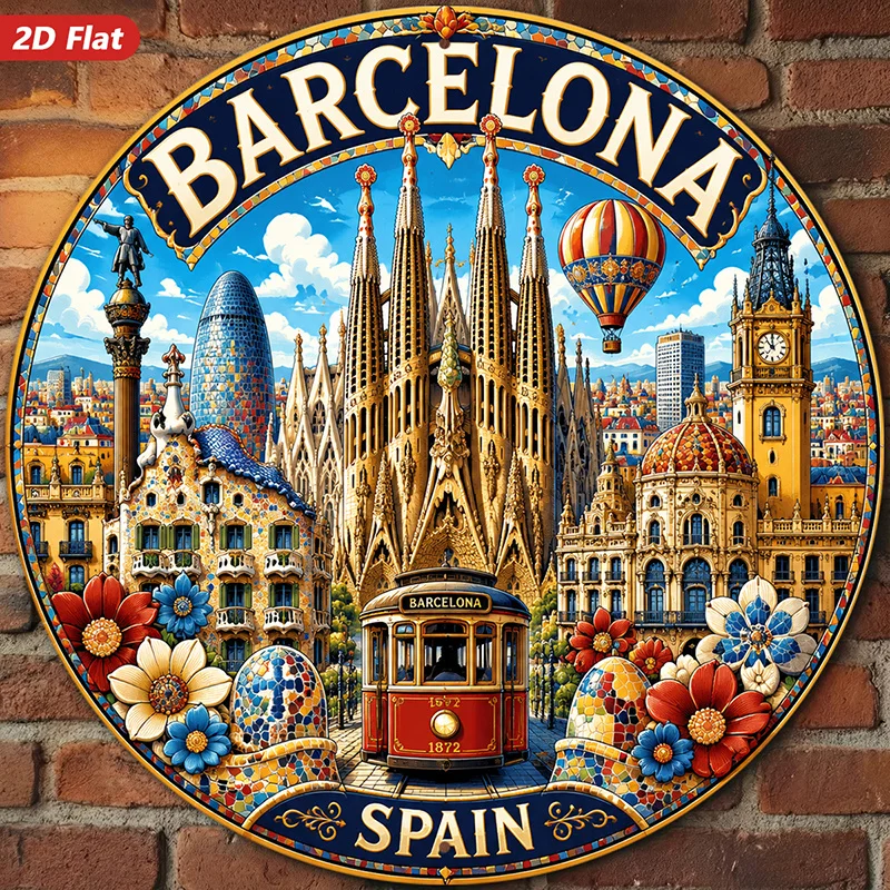 2D Flat, 1pc Round Metal Sign Wall Art, Barcelona Themed Home Decor, Iconic Architecture Art, Cityscape Design, Floral Elements,