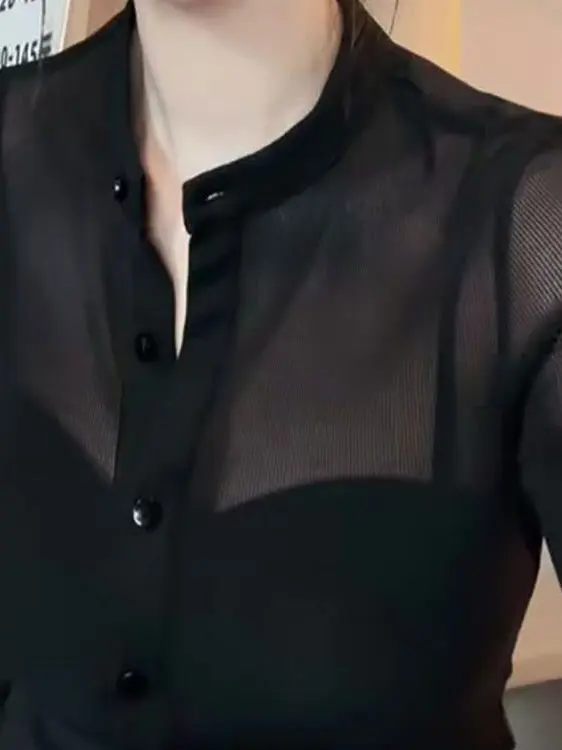 Transparent Purple Mesh Long Sleeve Shirt Women's New Style Spring Summer Thin High-End Feeling Personality Base Top