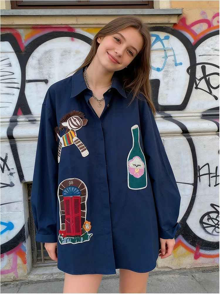 

2026 New Cartoon Embroidered Long Sleeve Shirt Women's Top Spring/Summer Fashion Loose Large Edition Stacked T-shirt