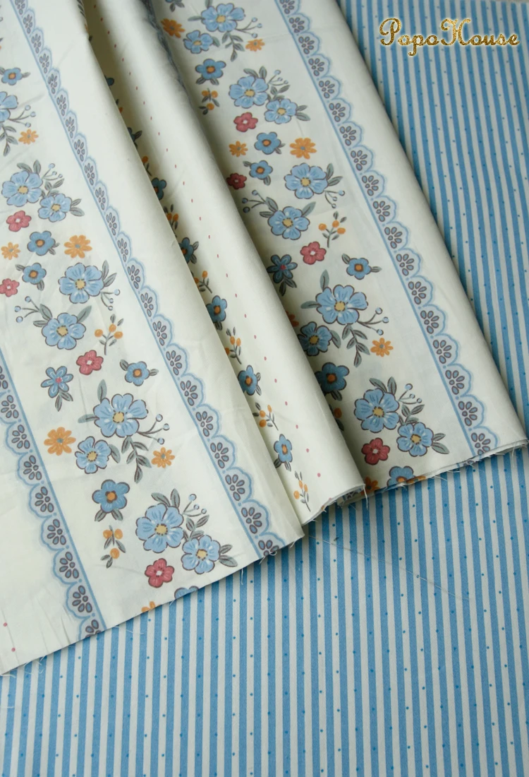 160x50cm Blue Floral Geometric Pure Cotton Fabric for Bedding Dresses DIY Cloth