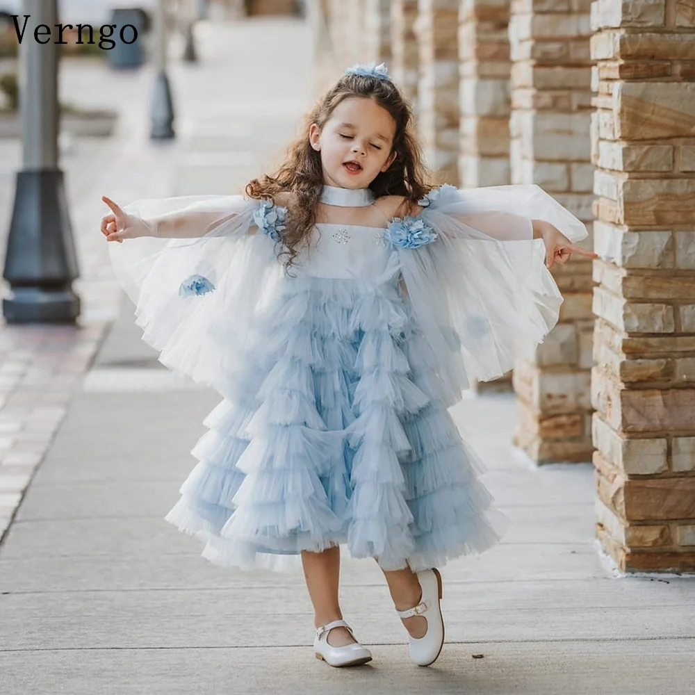 

Verngo Blue Tulle Pretty Girl Flowers Dress High Neck Puff Sleeves Tiered Birthday Party Dress Customized