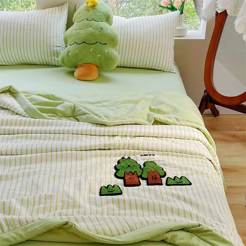 Green Wealth Tree Class A Water Washed Cotton Towel Embroidered Soybean Quilt Summer Cool Quilt Set of Four, Summer Air