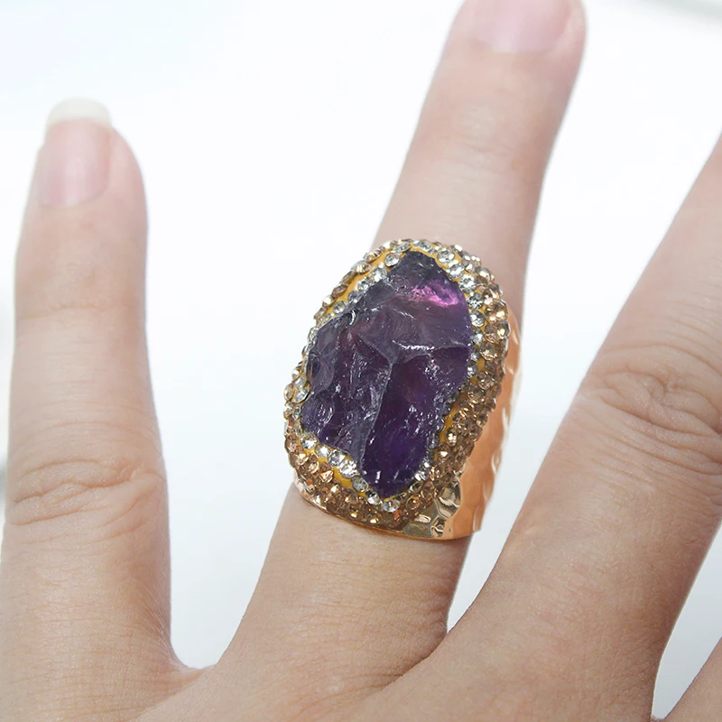 Irregular Amethyst Open Ring for Women Micro Inlay Adjustable Reiki Natural Stone Finger Jewelry