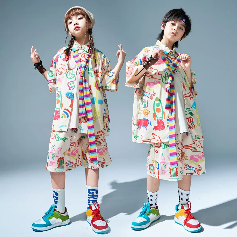 

Короткий комплект в стиле хип-хоп для девочек, топ с геометрическим животным принтом, короткие штаны, радужный шарф для мальчиков, детская джазовая одежда, костюм для уличных танцев