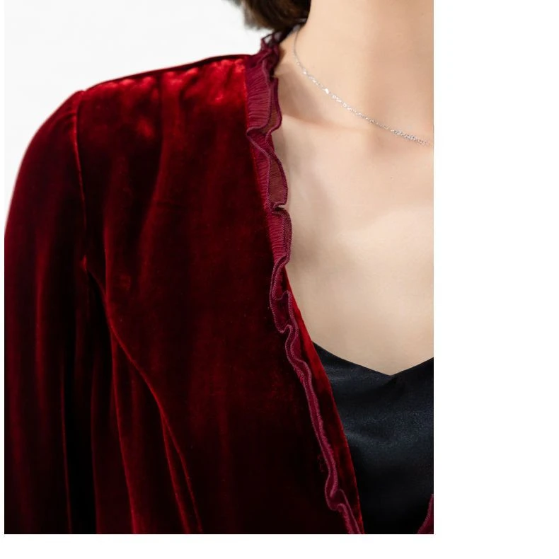 2025 Spring Women Vintage Ruffles Wine Red Cardigan Velvet Coat , Woman Clothing Short Slim Fall Velour Coats