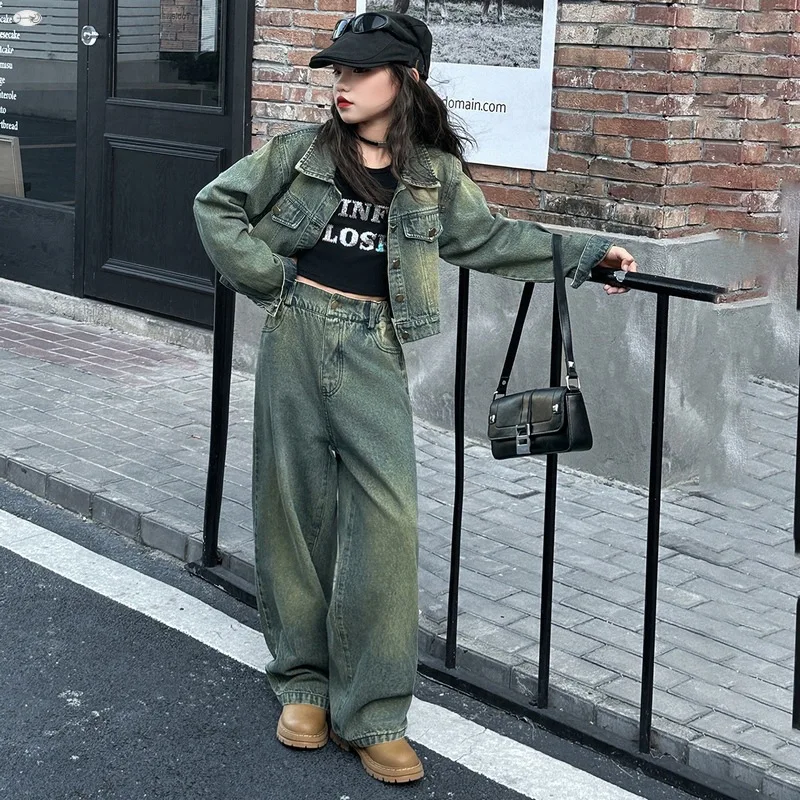 

Autumn Youth Girl Denim Suit Short Blazer Denim Jacket+wide leg pants 2pcs Kid Jeans Suit Child Outfits Teen Clothes Set 120-170