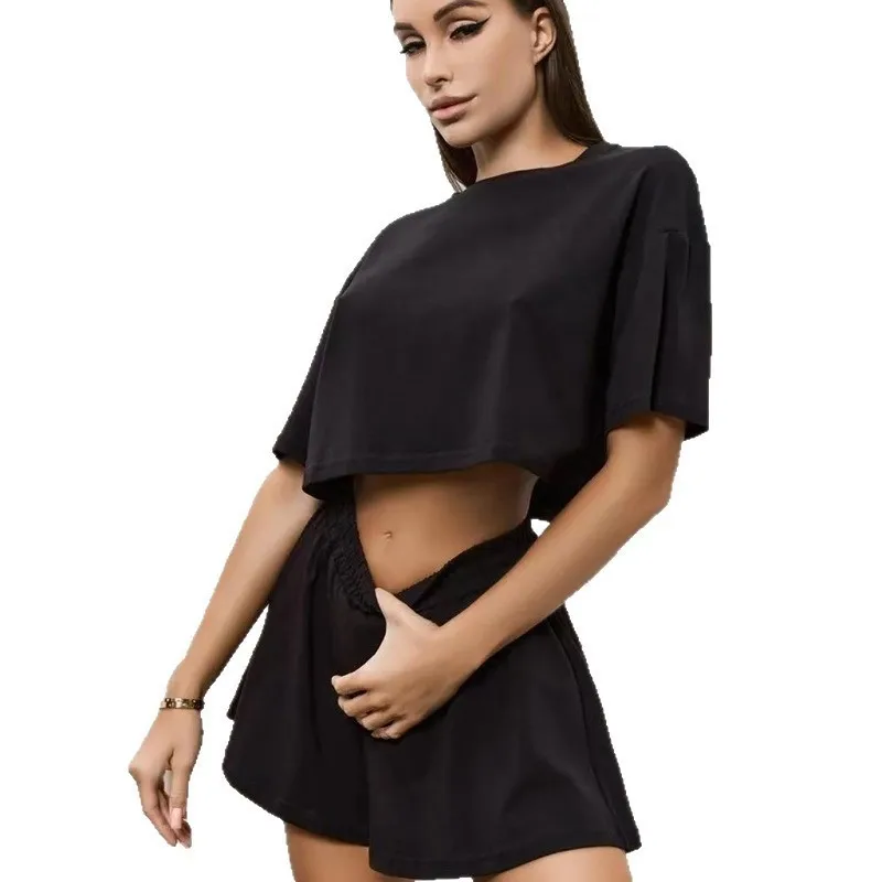 Damen-Pyjama, schwarzes T-Shirt mit Rundhalsausschnitt und sexy Schlitz-Shorts, modische Loungewear, Pyjama-Anzug, Damen-Pyjama, Nachtwäsche für Damen