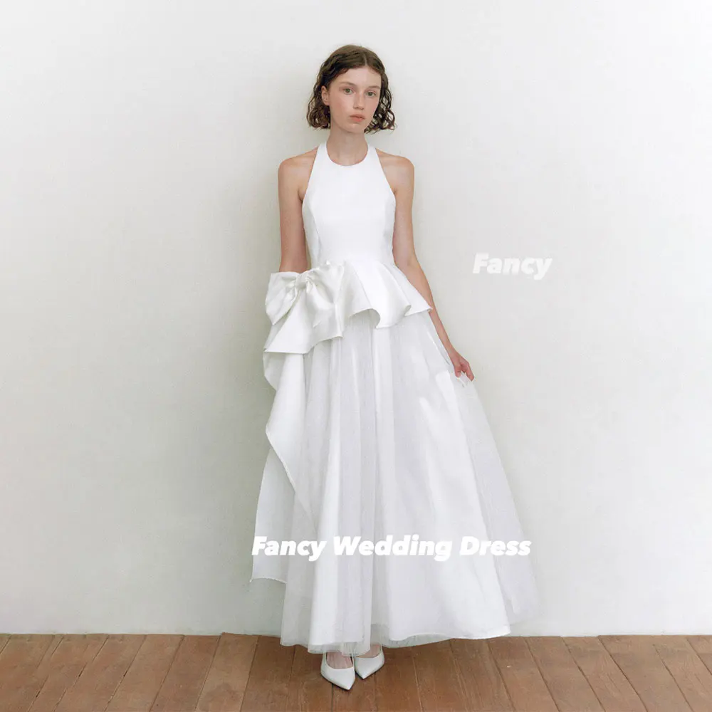 Fancy Simple O Neck Bow Wedding Dress A Line Soft Satin Prom Gown Sleeveless Tea Length Formal Occasion Dresses Customized
