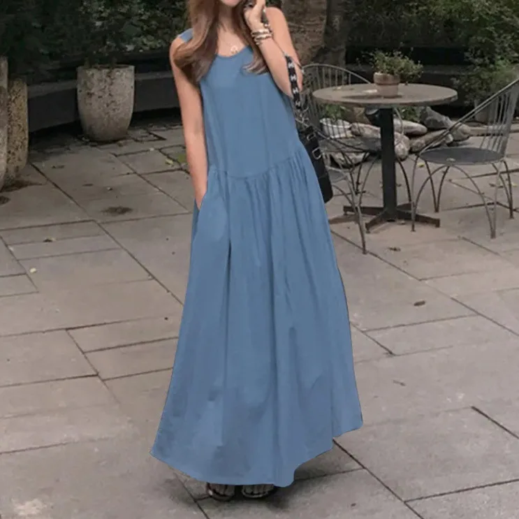 Summer Long Dress for Women Sexy Blue Sleeveless Vest Dresses Pockets Solid Round Collar Casual Temperament Vestidos Largos